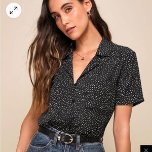 Lulu’s Good Luck Charm Black Polka Dot Short Sleeve Button-Up Top